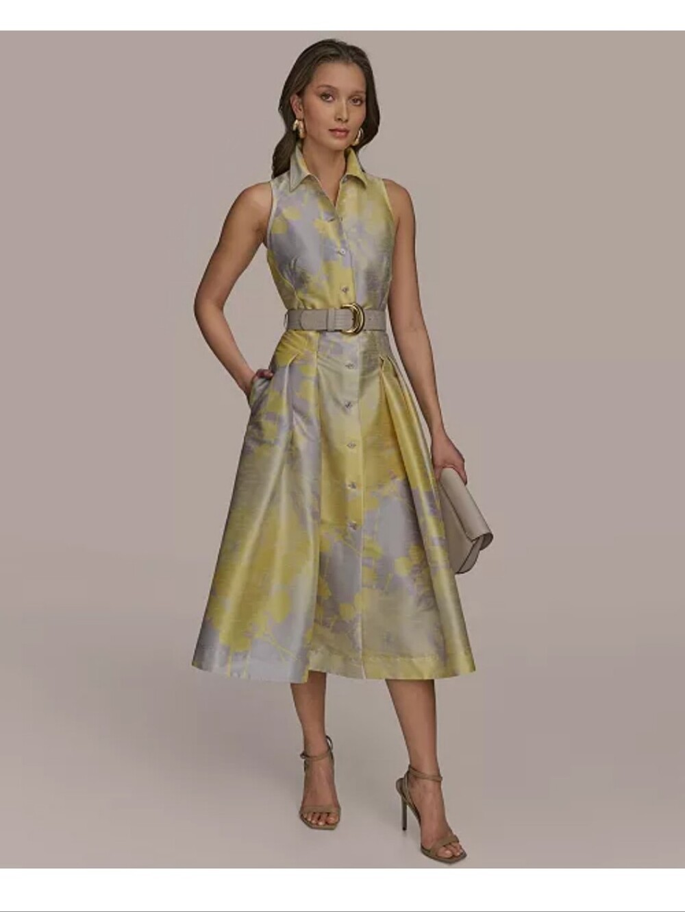 Donna Karan NWT Yellow Floral Belted Sleeveless Midi Shirt Dress Sz 2 $229 Party